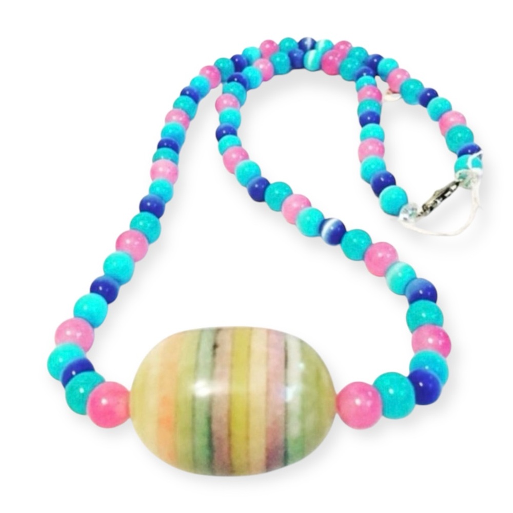 1960's Mod Glass Beaded Necklace in Blue & Pink Pastels w/ Large Center Cabochon